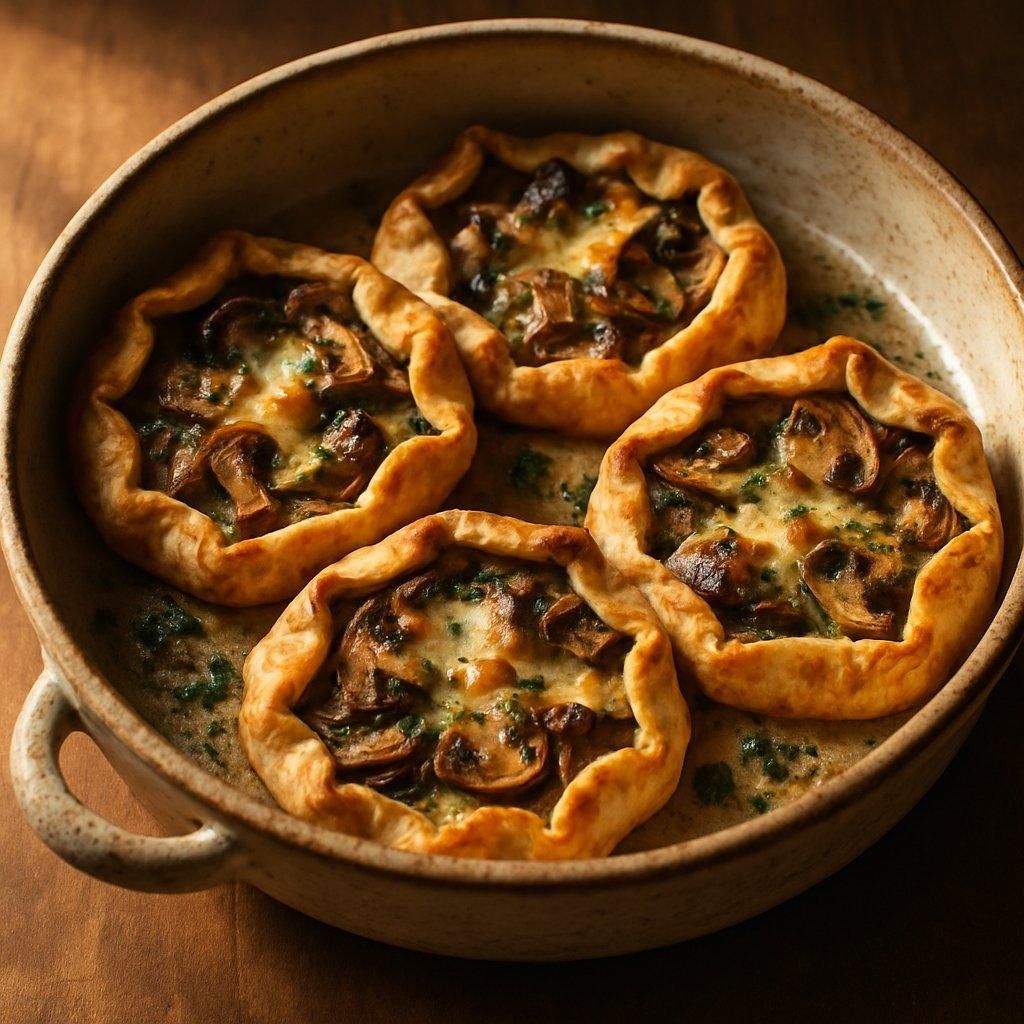 Tartelettes rustiques aux champignons et fromages fondus, servies dans un plat en céramique artisanale, lumière naturelle chaleureuse.