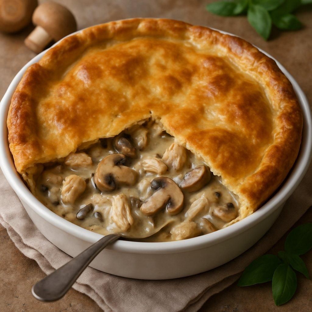 Tourte au poulet, champignons et vin blanc dorée, présentation dans un moule rustique, idéale pour un repas convivial.