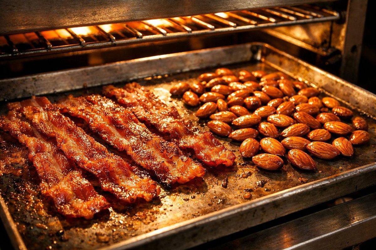Tranches de lard croustillant et amandes dorées uniformément grillées sous un grill professionnel, lumière chaude.