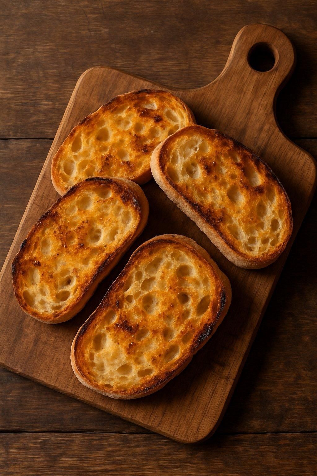 Tranches de toasted ciabatta bread sur planche en bois, parfaites pour une bruschetta aux tomates confites.