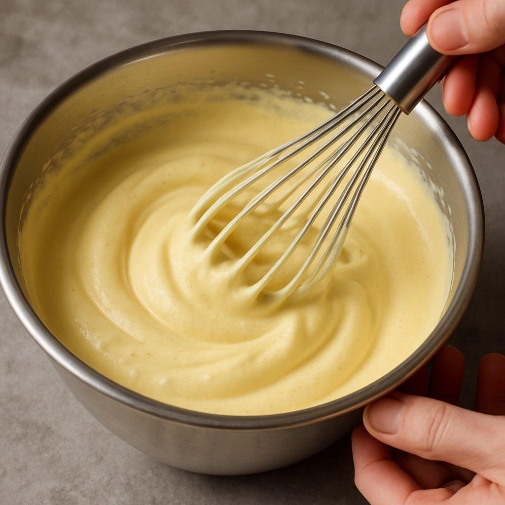Un batelier battant un sabayon au bain-marie, illustrant la formation de rubans et la texture mousseuse parfaite.
