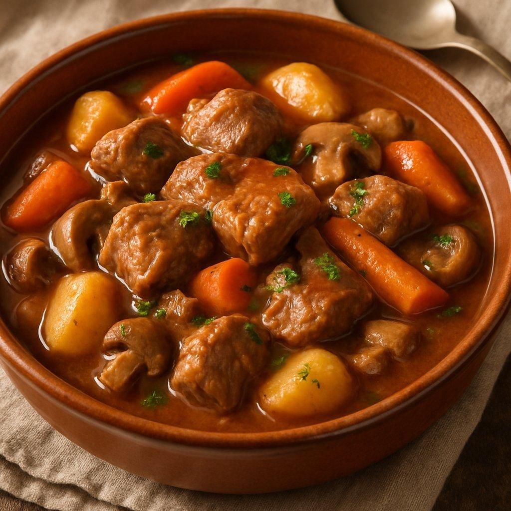 Un délicieux braised veal stew mijoté avec légumes racines et herbes fraîches dans une cocotte en fonte.