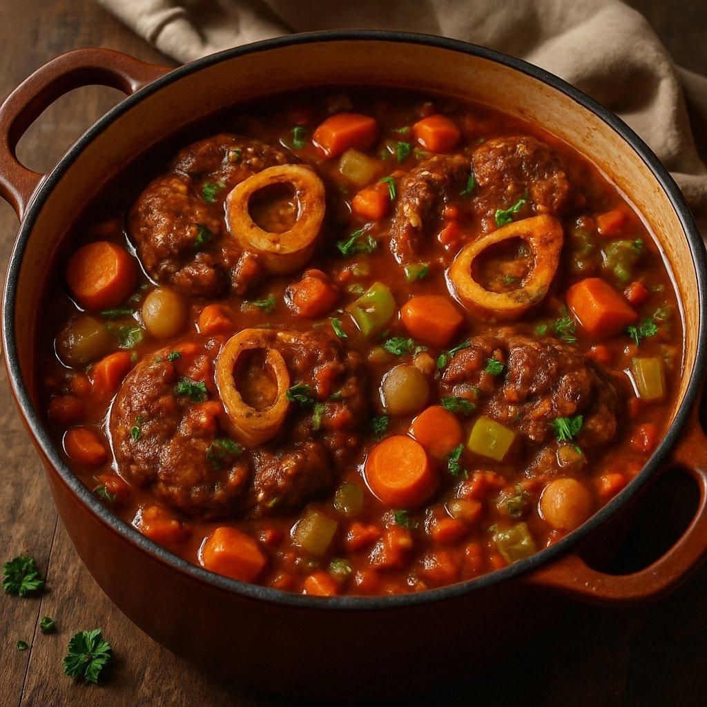 Un osso buco stew en casserole en fonte, servi avec gremolata fraîche et risotto alla milanese.