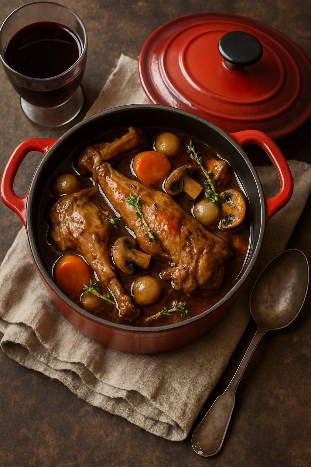 Un rabbit stew red wine cocotte mijoté avec des pruneaux et herbes fraîches, savoureux et réconfortant.