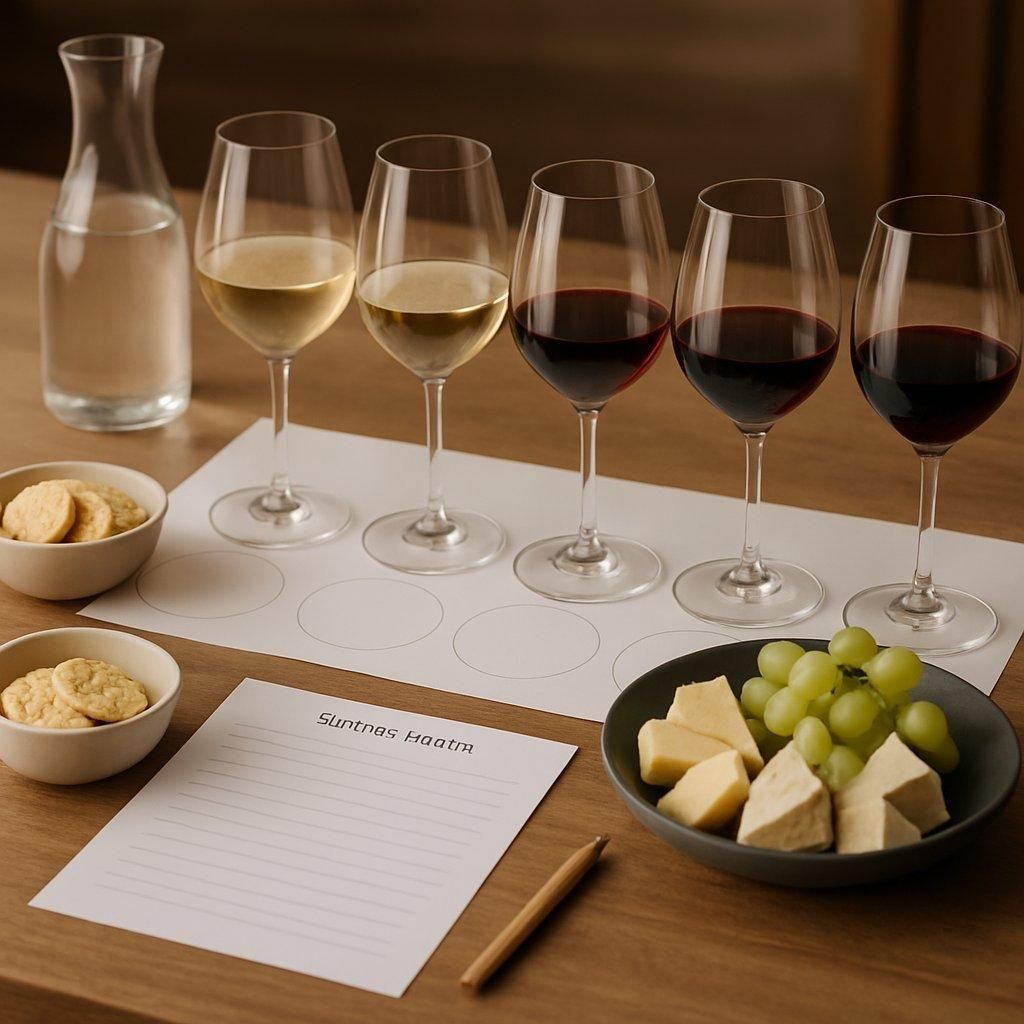 Une élégante wine tasting table setup avec verres, carafes, fromages et charcuteries pour une dégustation conviviale.