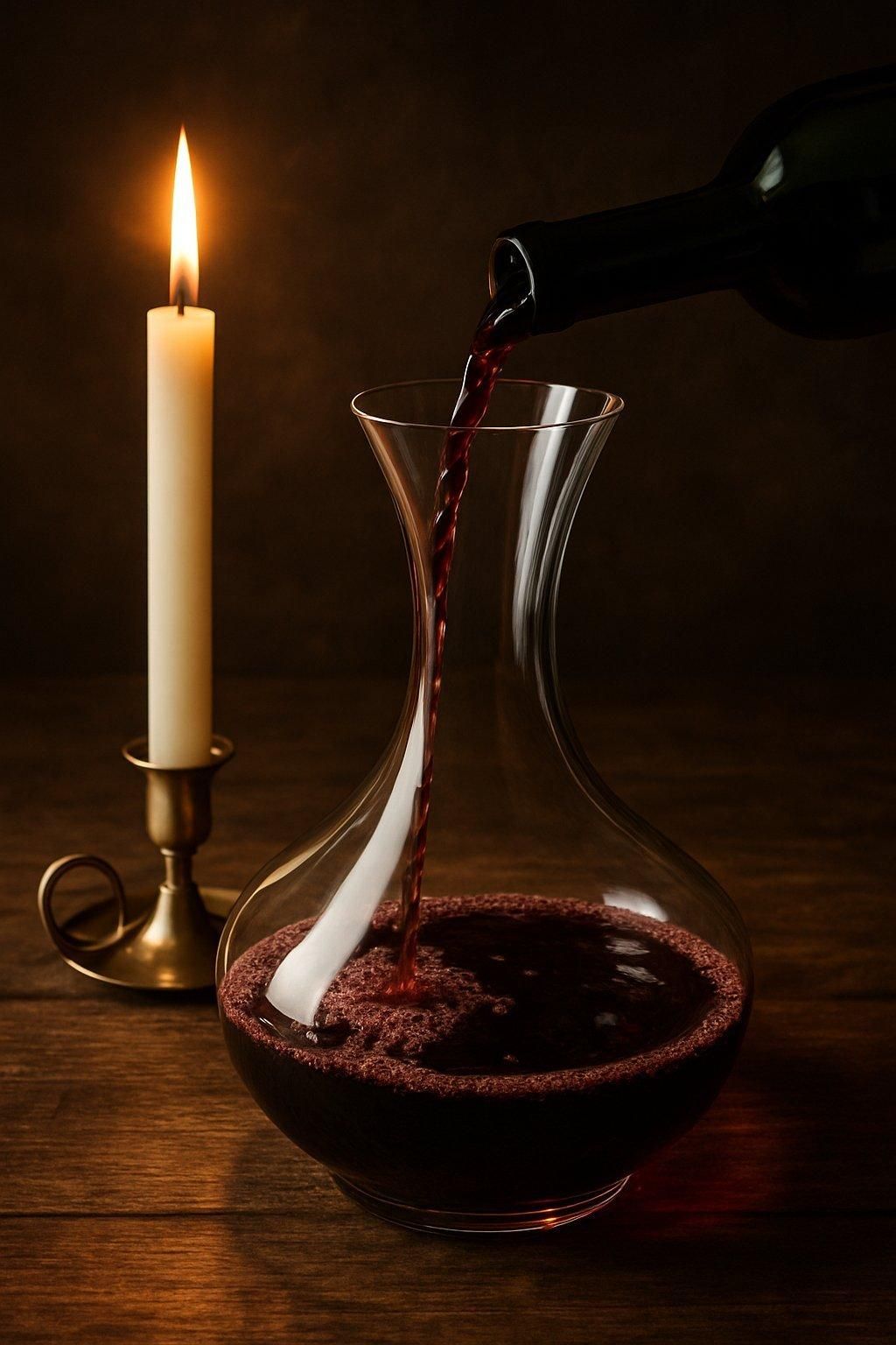 Utilisation d'une wine decanting candle pour repérer les dépôts lors du décantage d'un vin rouge ancien.