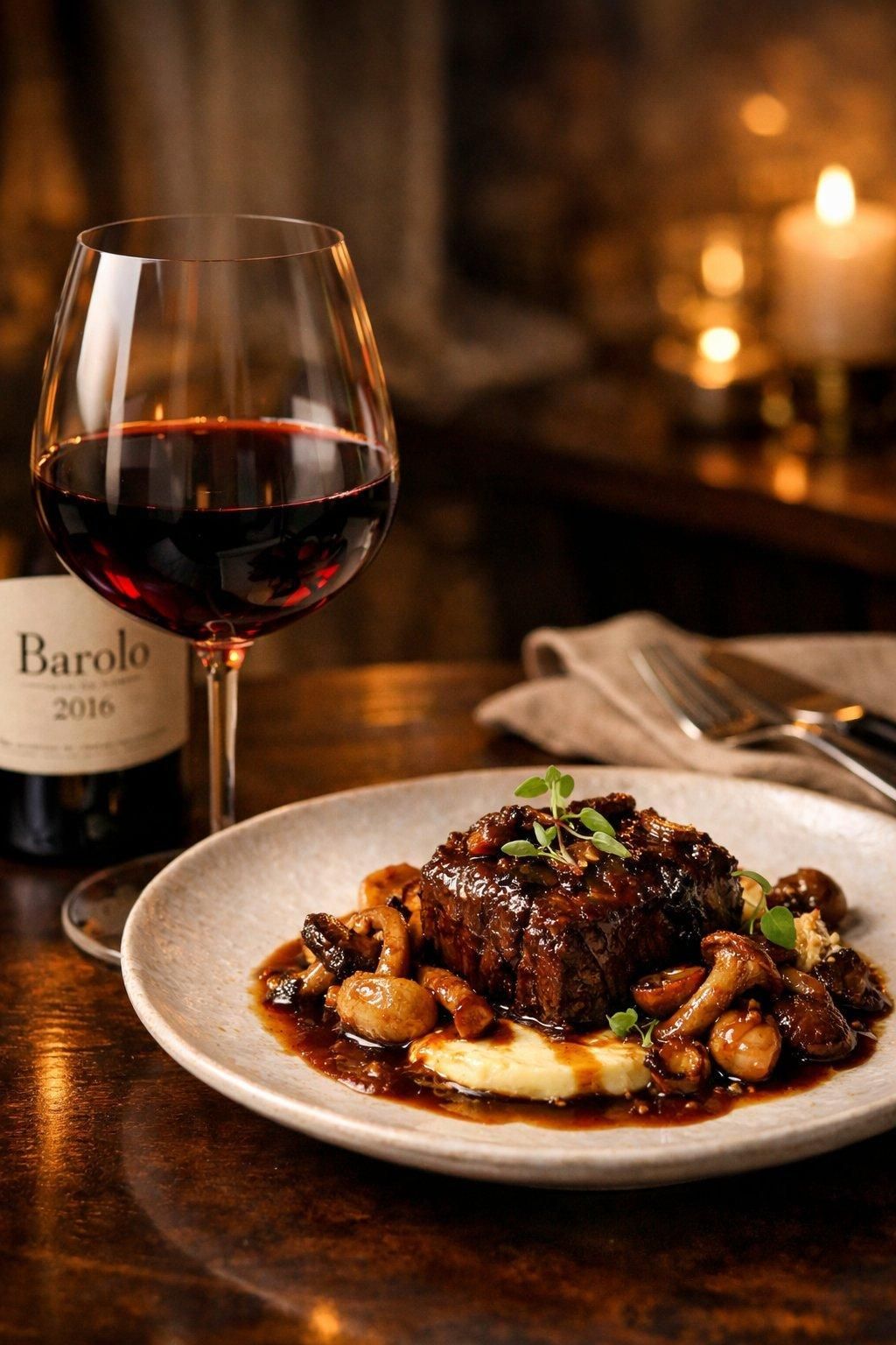 Verre à vin large rempli de Barolo 2016 avec un plat de viande mijotée et champignons, ambiance élégante.
