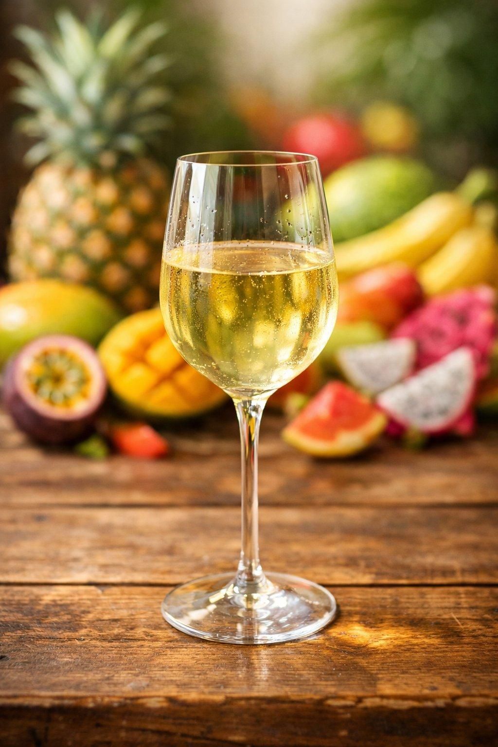 Verre élégant de vin blanc Gewürztraminer lumineux sur table en bois avec fruits tropicaux colorés en arrière-plan.