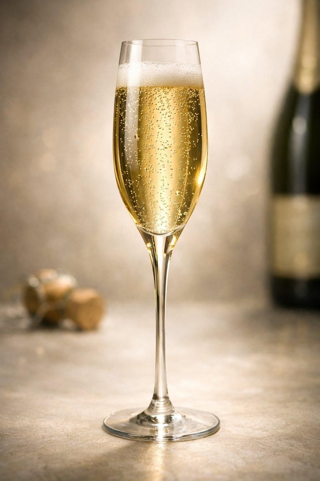 Verre tulipe allongé élégant rempli de champagne millésimé à température idéale, mettant en valeur ses bulles fines et sa fraîcheur.