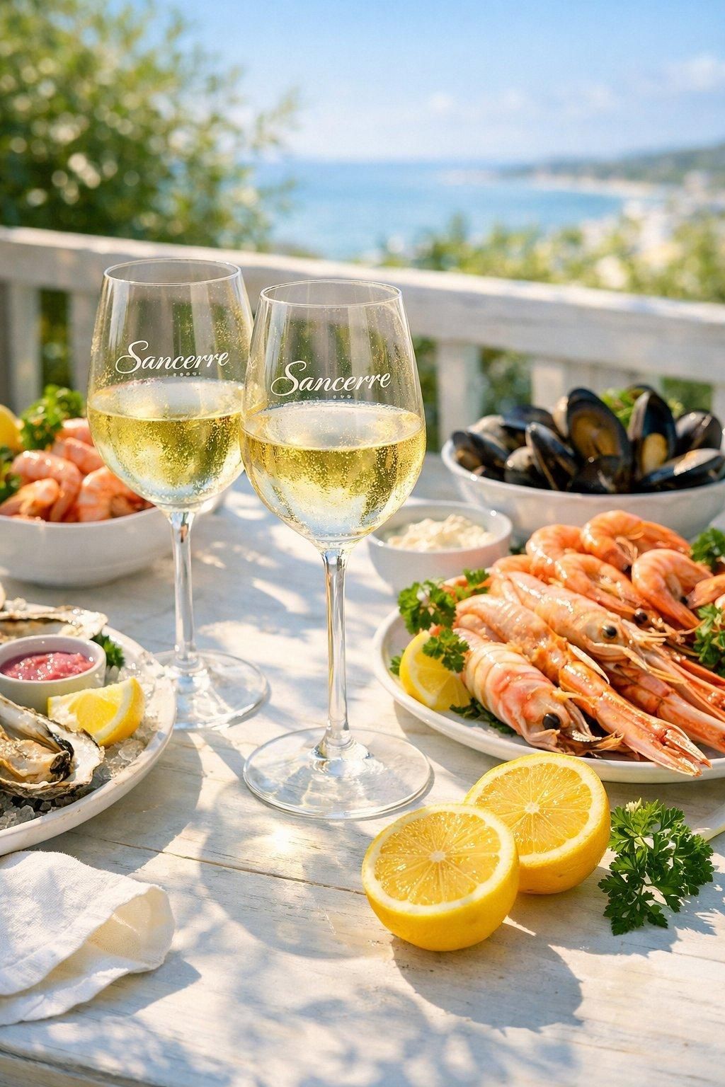 Verres de vin blanc Sancerre élégants accompagnant des fruits de mer frais en ambiance estivale lumineuse.