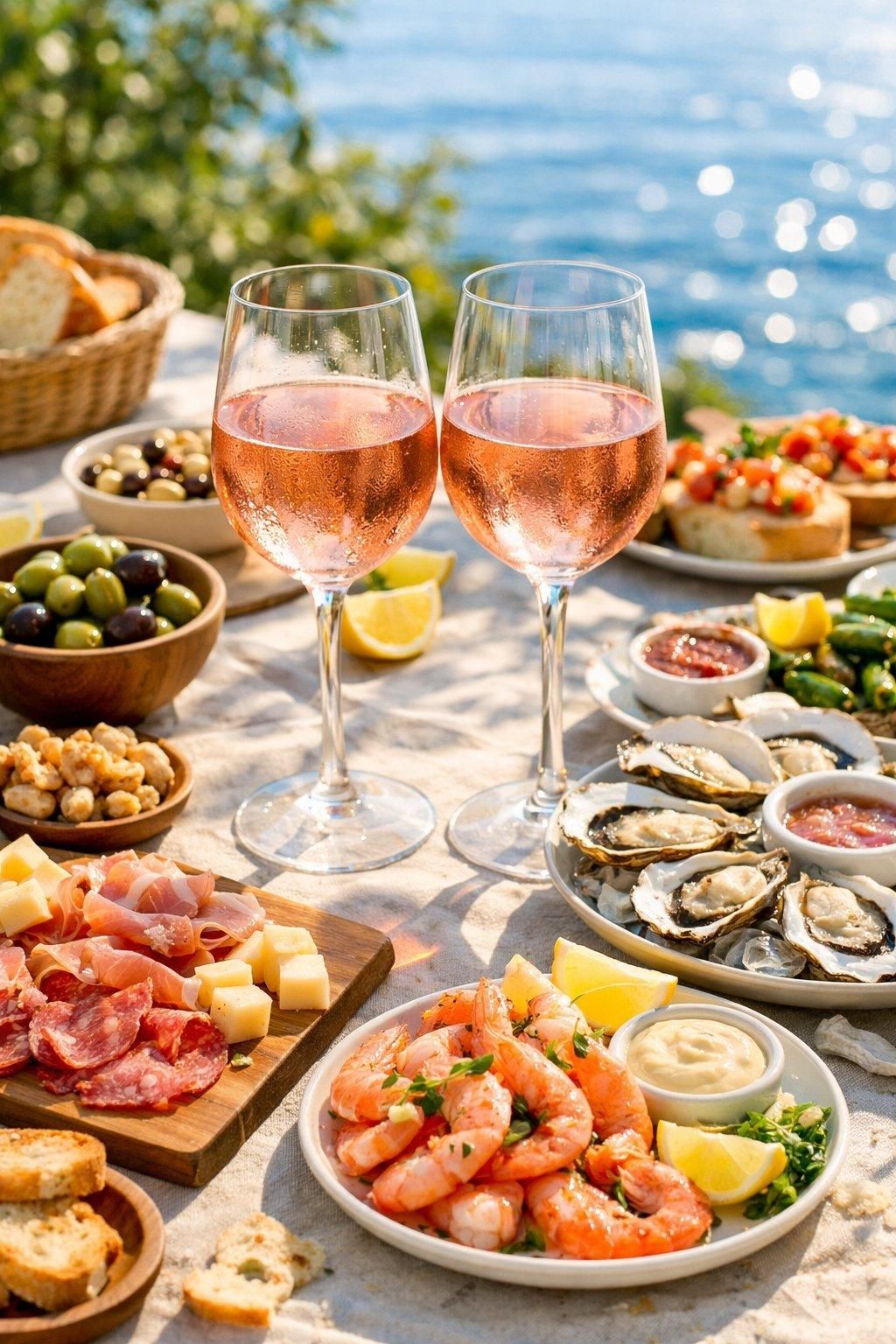 Verres élégants de vin rosé sur table ensoleillée d’été, accompagnés de tapas variés et fruits de mer frais.