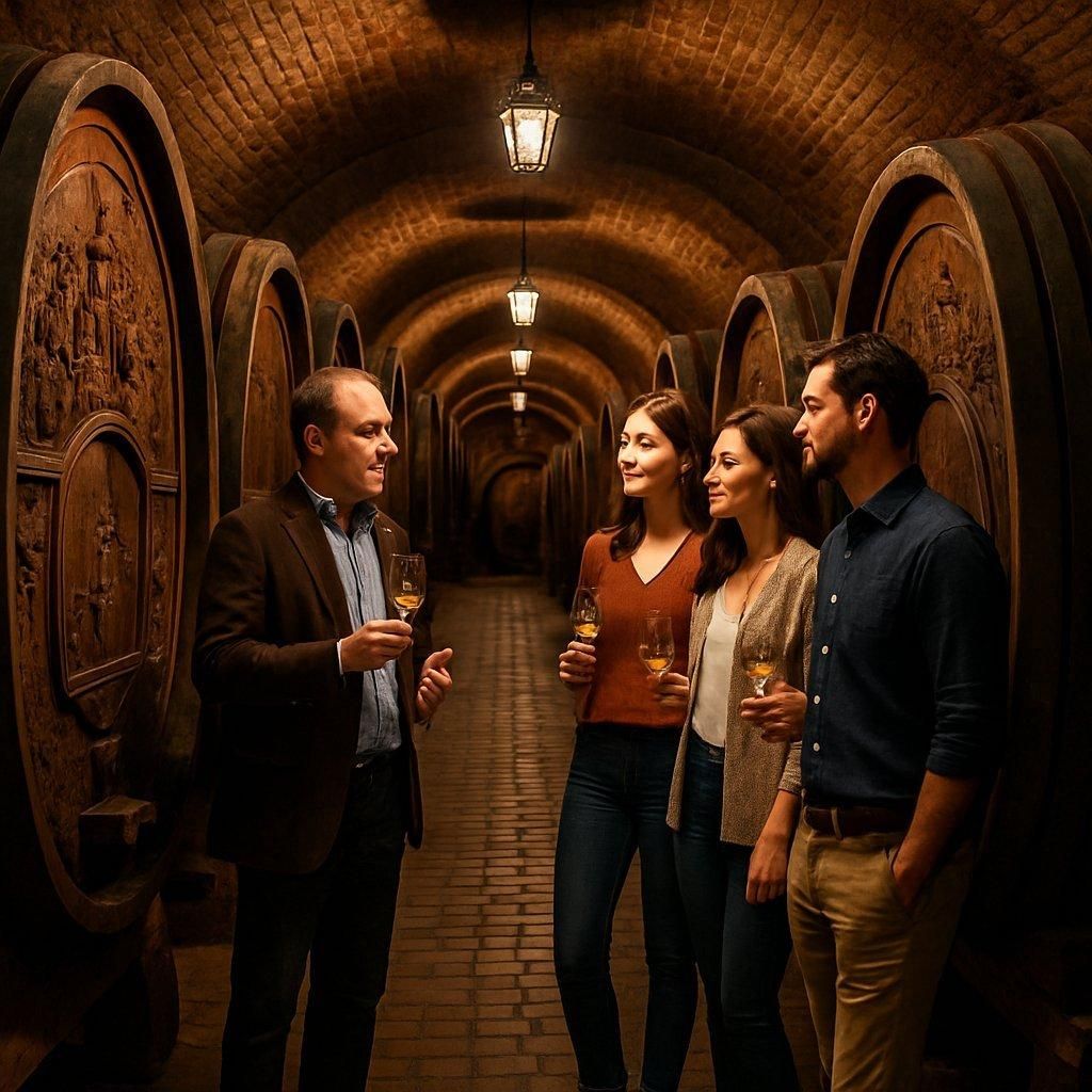 Vigneron présentant ses bouteilles dans une cave traditionnelle alsacienne lors d'un Alsace wine cellar tour.