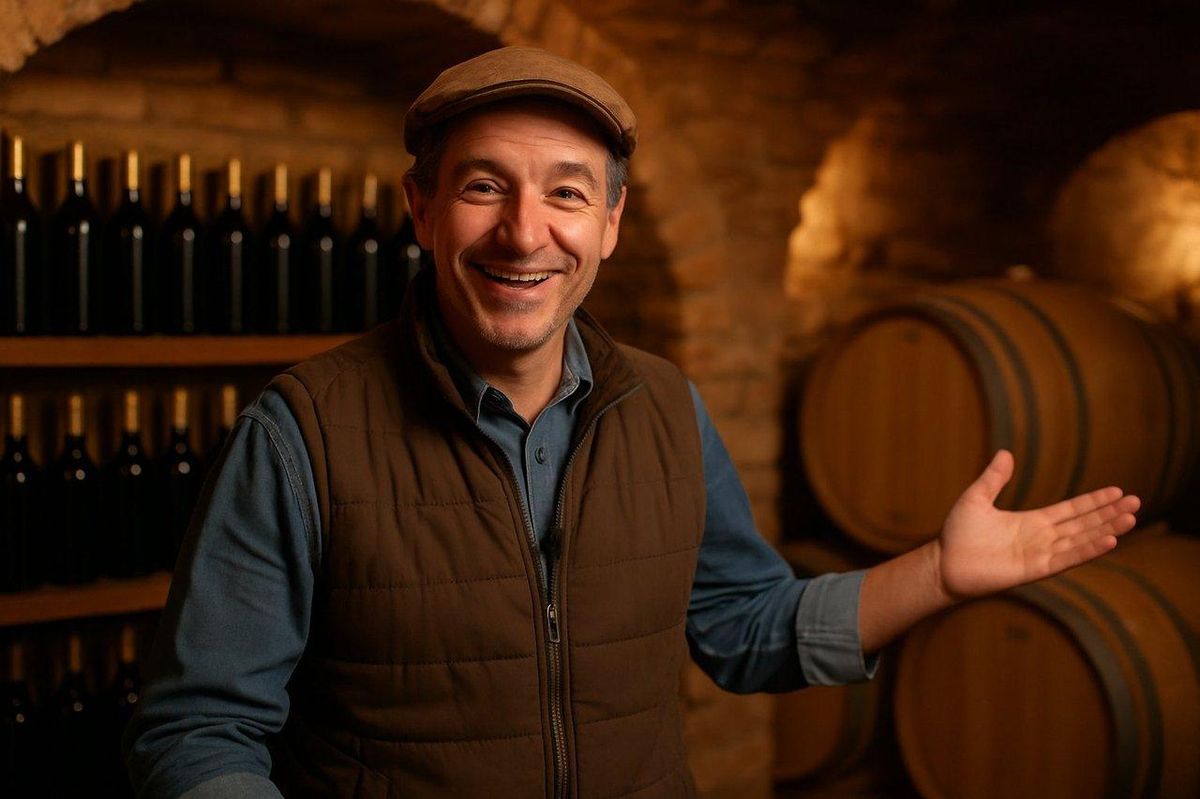 Vigneron souriant présentant son domaine viticole en vidéo dans une cave chaleureuse avec bouteilles et fûts.