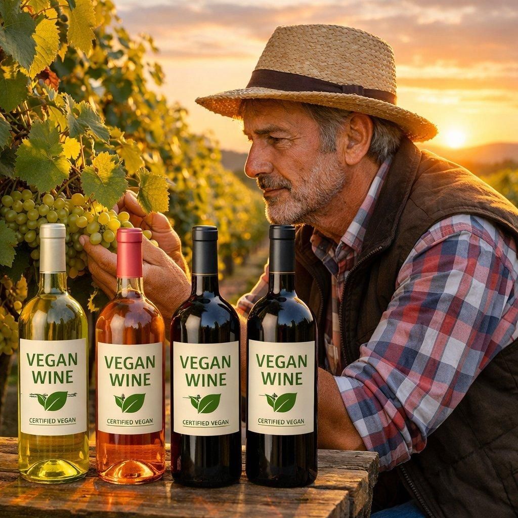 Vigneron vérifiant une vigne saine entourée de bouteilles certifiées vegan dans un vignoble ensoleillé.