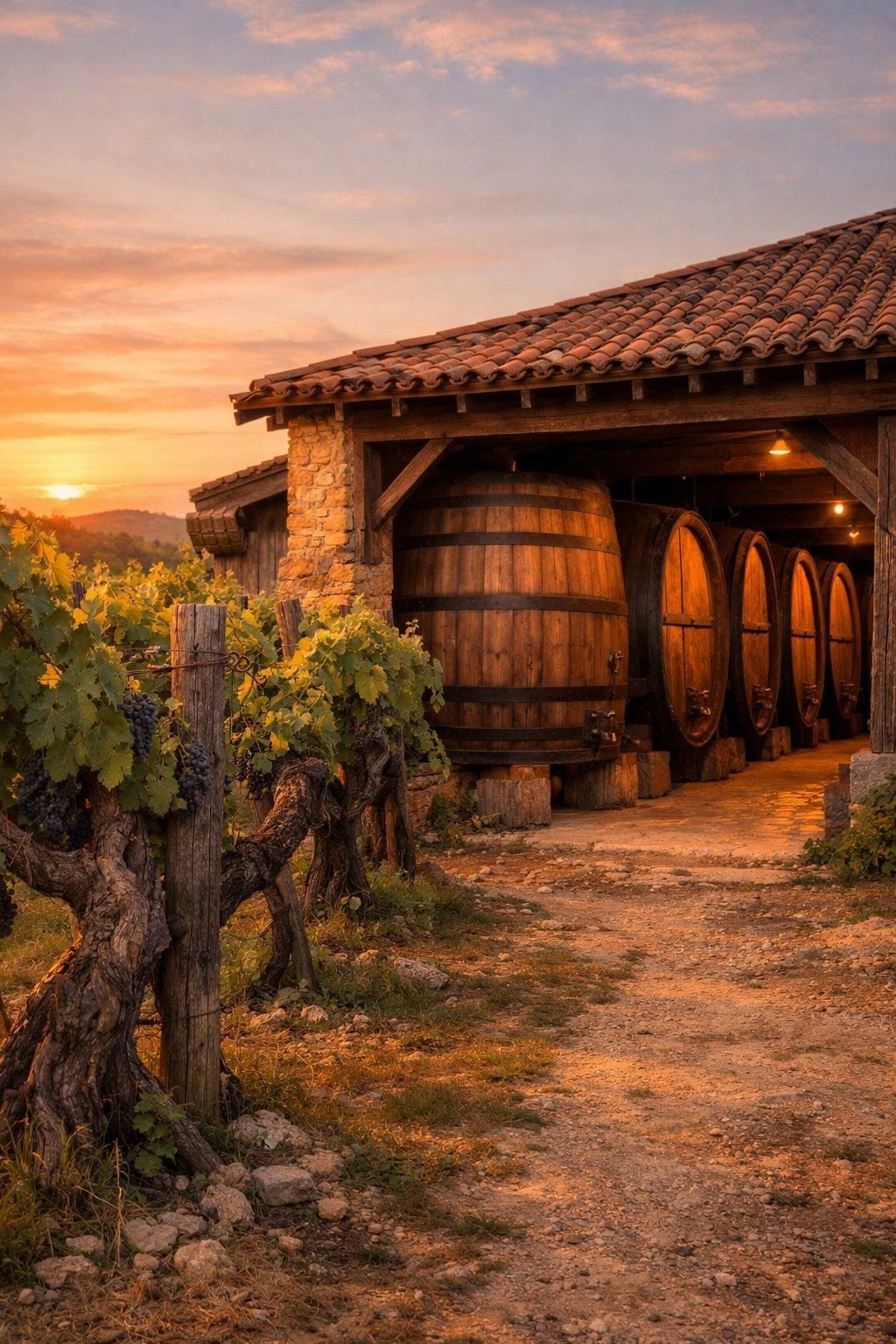 Vignes anciennes bordant un chai à foudres en bois massif, ambiance authentique au coucher du soleil.