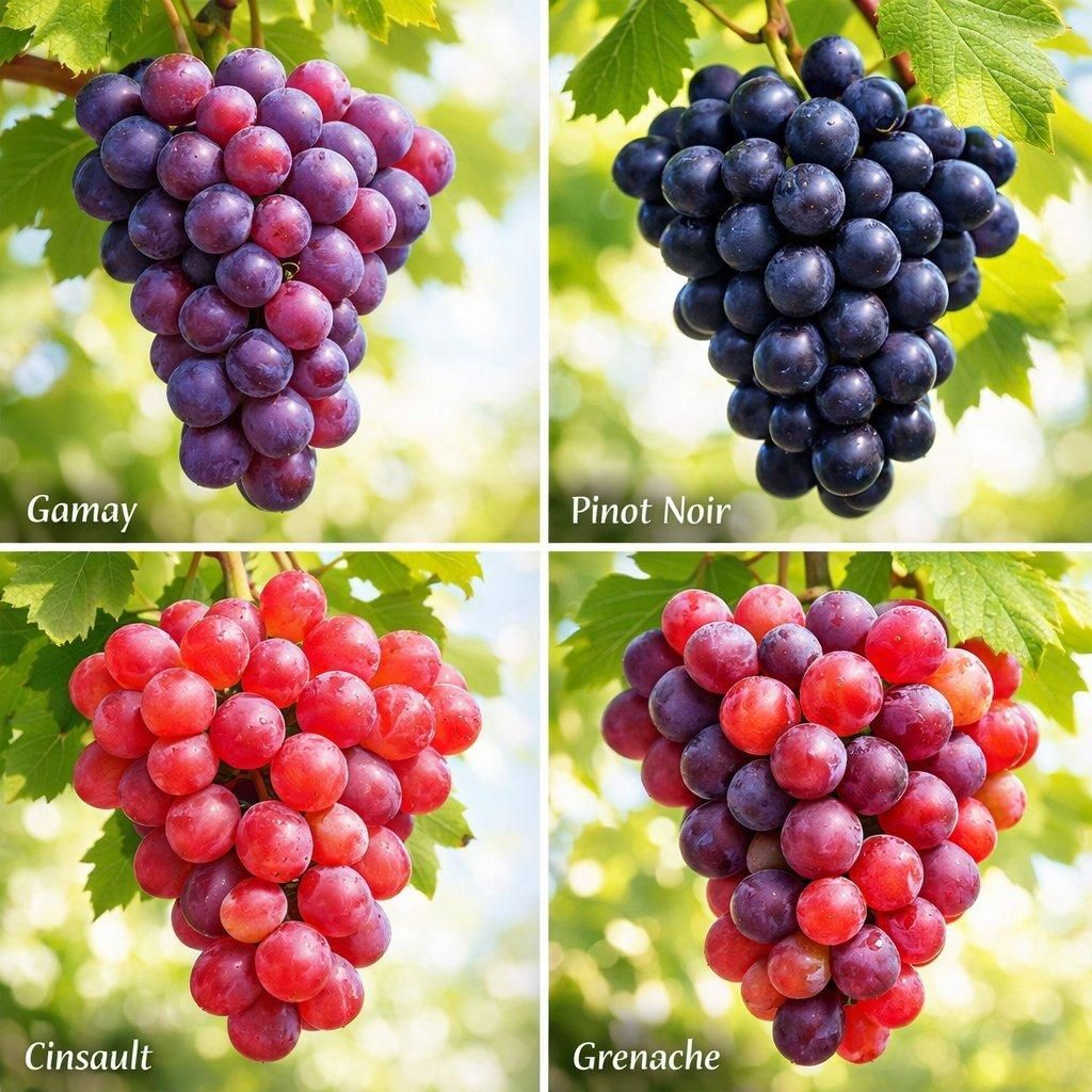 Vignettes photographiques élégantes de grappes de gamay, pinot noir, cinsault et grenache, parfaites pour l’été 2026.