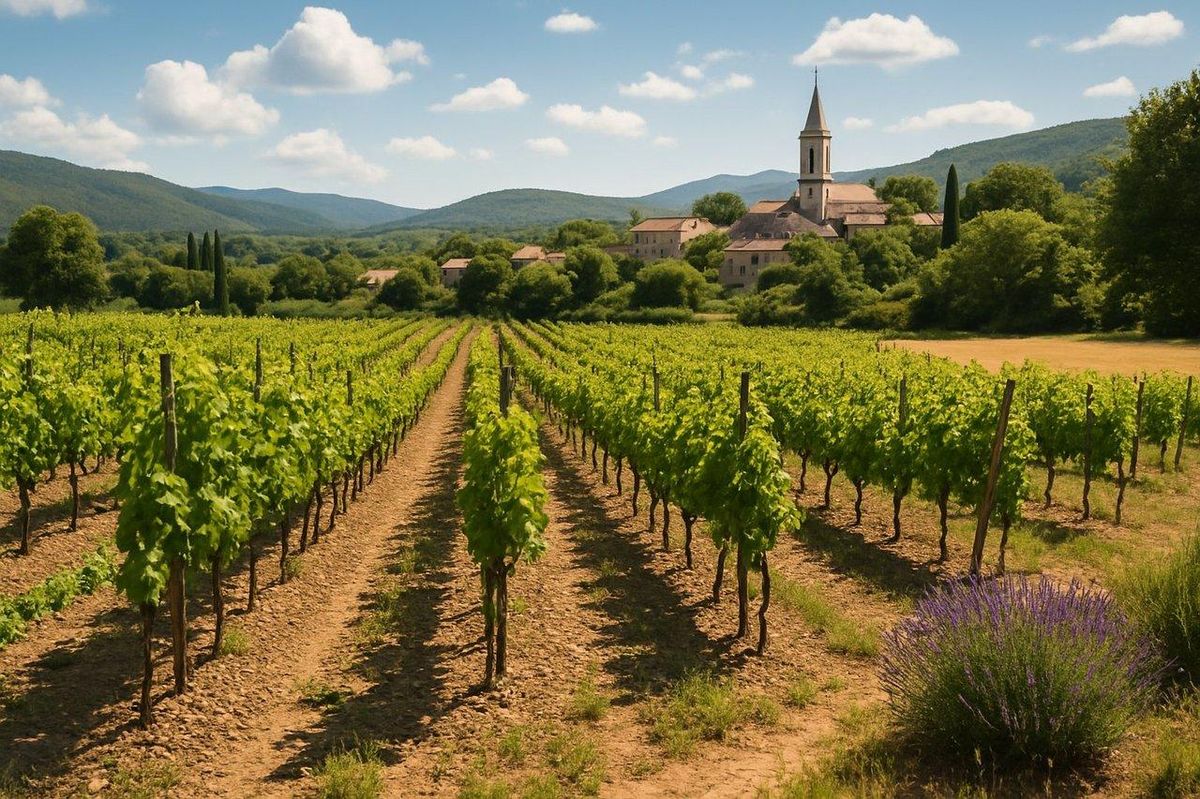 Vignoble bio en Provence sous un ciel d'été, idéal pour découvrir le terroir provençal.