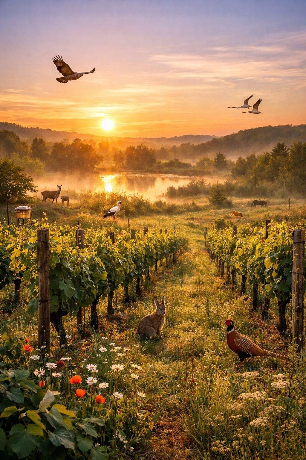 Vignoble biodynamique au lever du soleil, biodiversité et nature préservée en arrière-plan.