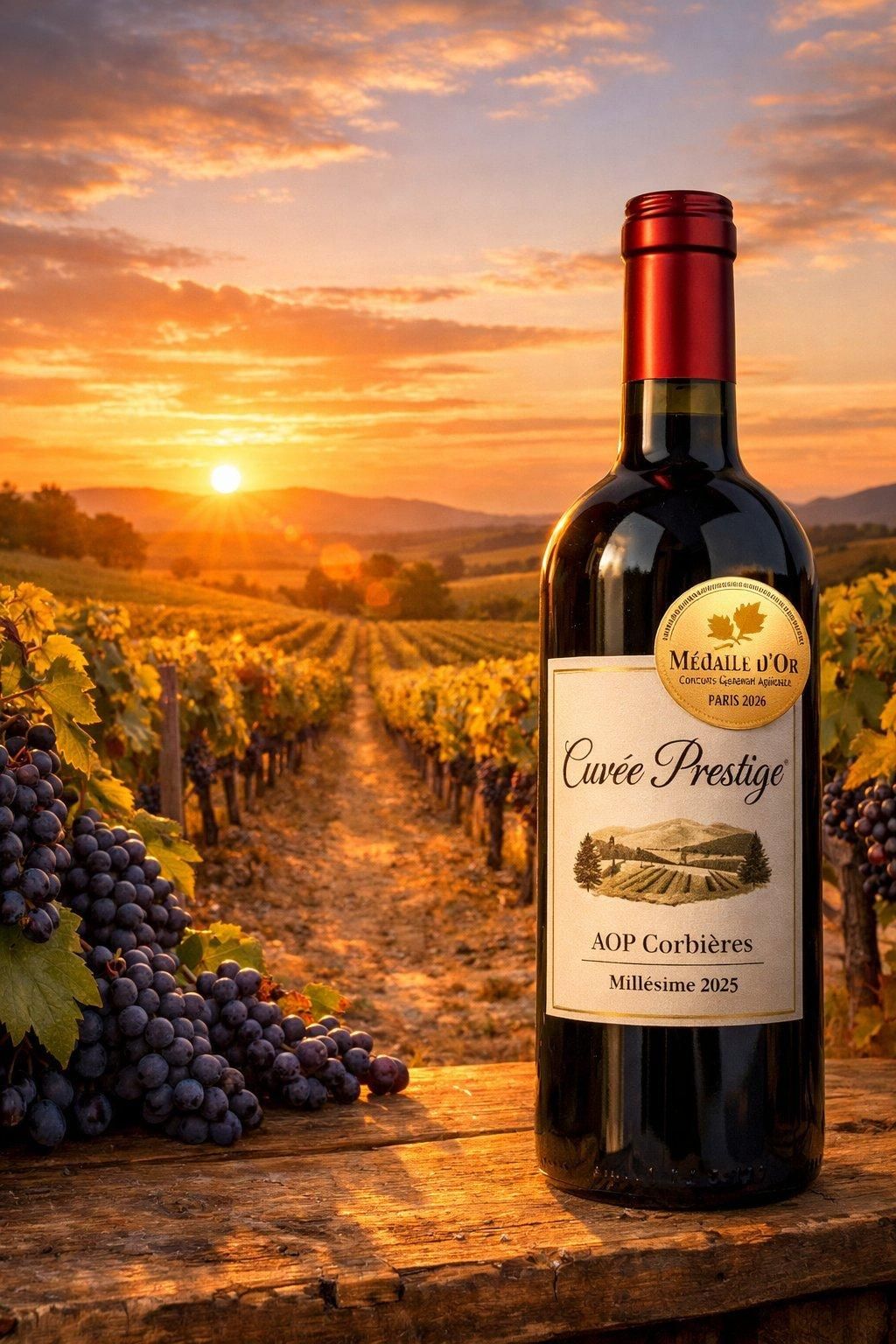Vignoble de l’Aude au coucher du soleil, avec la bouteille médaillée CGA 2026 en avant-plan.