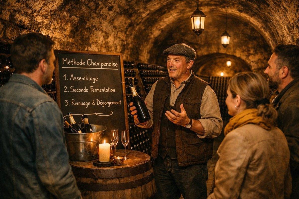Visite guidée dans caves traditionnelles champenoises avec un vigneron expliquant la méthode champenoise.