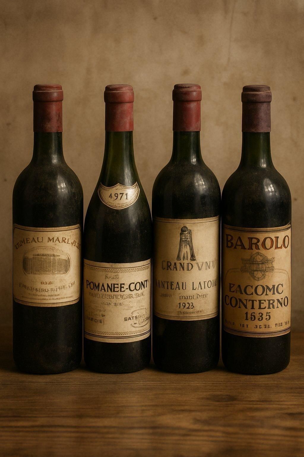 Vitrine avec de rares vintage wine bottles dans une cave spécialisée, idéale pour dénicher des vins peu connus.