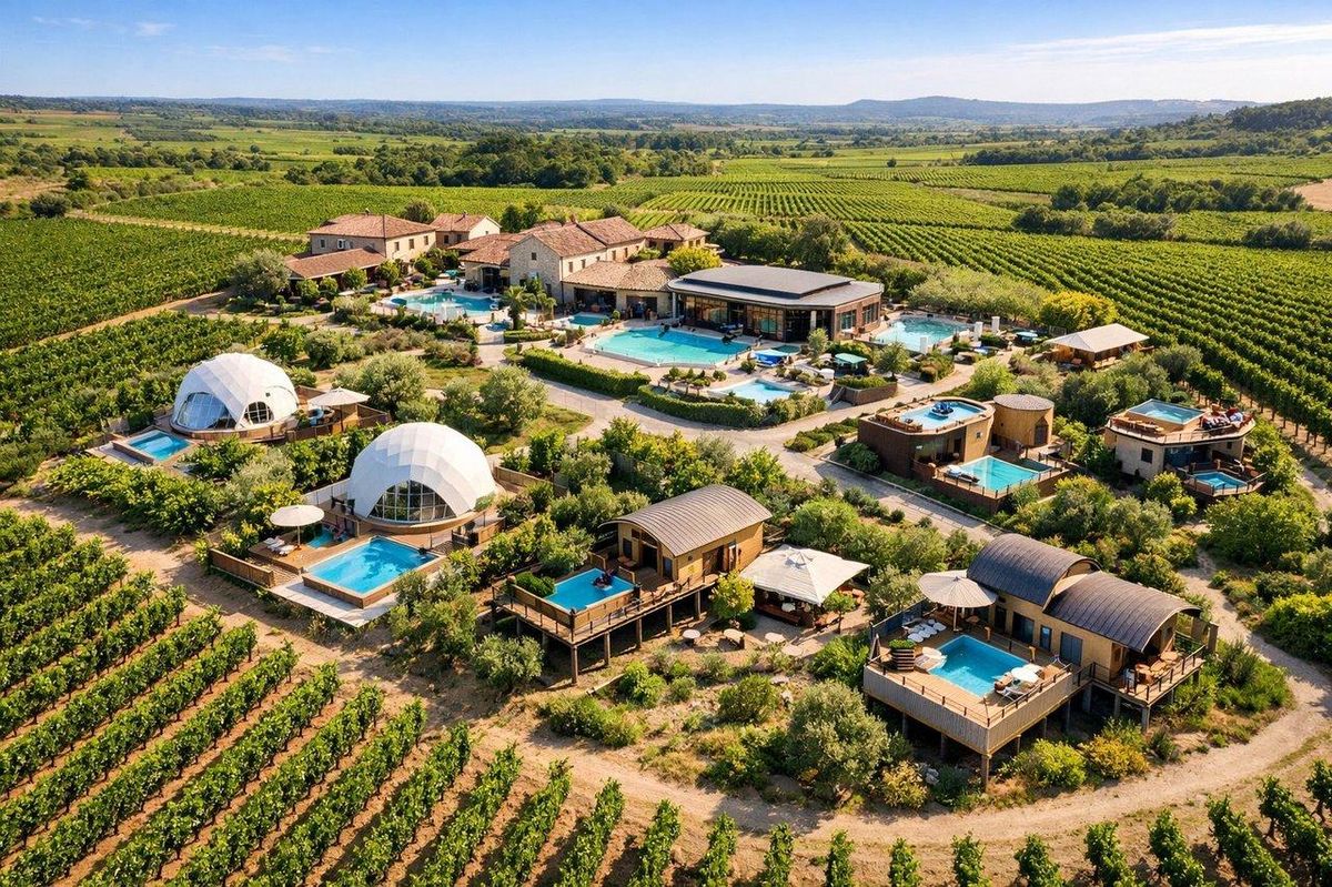 Vue aérienne réaliste d’un domaine viticole du Languedoc avec hébergements insolites, piscines privées et spa.