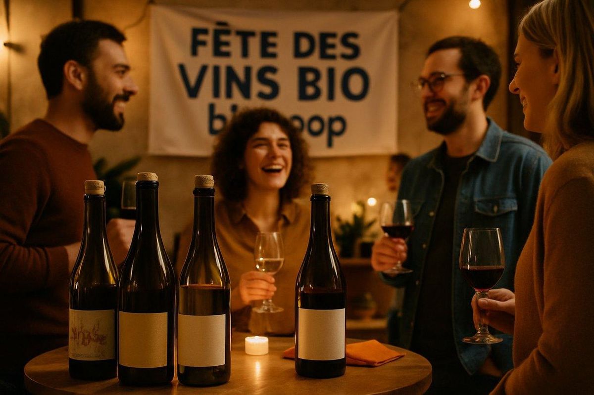 Vue dynamique d’une dégustation conviviale lors de la Fête des vins bio Biocoop, avec bouteilles naturelles en avant-plan.