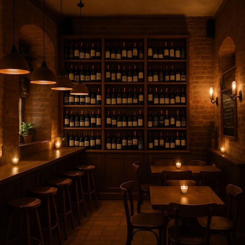 Vue intérieure chaleureuse d’un cozy wine bar interior à Bordeaux, parfait pour afterworks autour du vin.