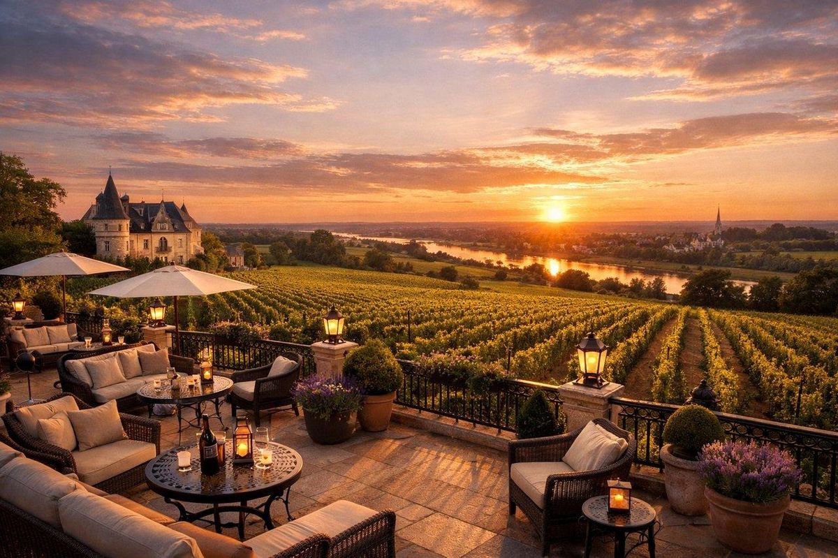 Vue panoramique au coucher du soleil d’un domaine viticole du Val de Loire avec terrasse élégante et vastes vignes verdoyantes.