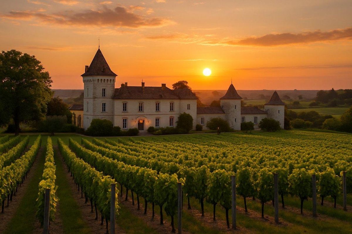 Vue panoramique d’un domaine familial bordelais typique près de Saint-Émilion au coucher du soleil, vignoble et château historique.
