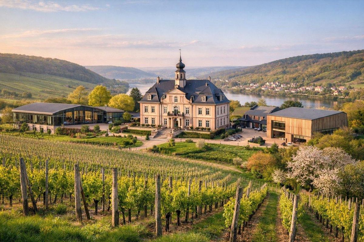 Vue panoramique d’un domaine viticole en Moselle avec manoir baroque rénové et bâtiments contemporains sous lumière printanière.