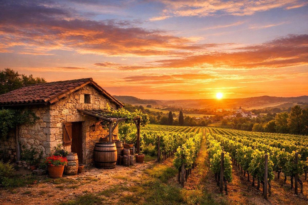 Vue panoramique d’un vignoble traditionnel du Sud-Ouest au coucher de soleil, avec une petite cave en pierre rustique.