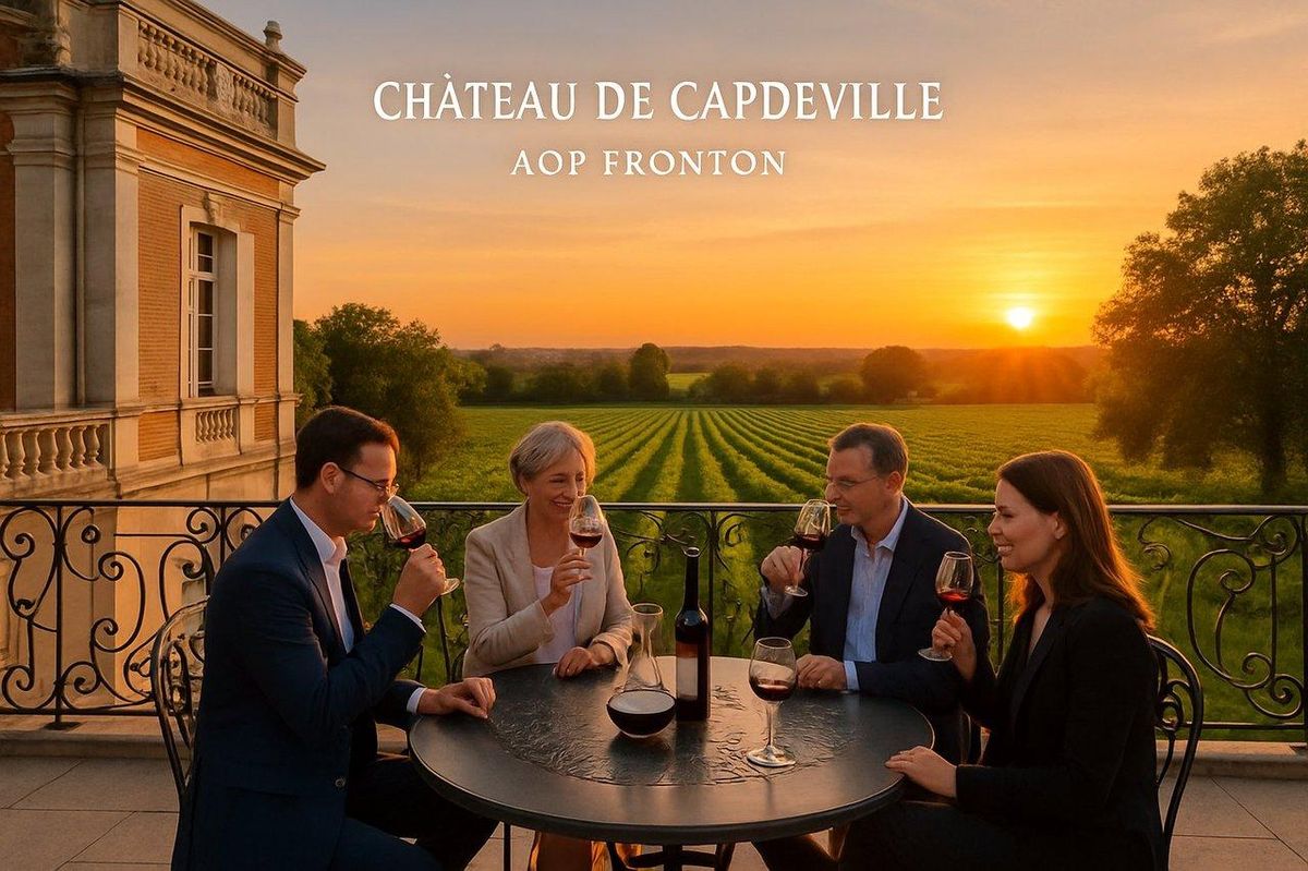 Vue panoramique d’une terrasse élégante au Château de Capdeville lors d'une dégustation de vin avec experts, vignobles AOP Fronton au coucher du soleil.