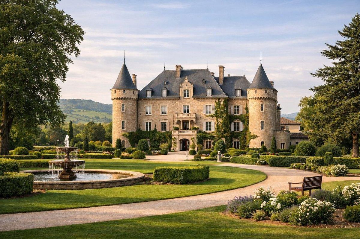 Vue panoramique réaliste du Château de Champ-Renard, domaine viticole près de Lyon, avec parc paysagé en après-midi.