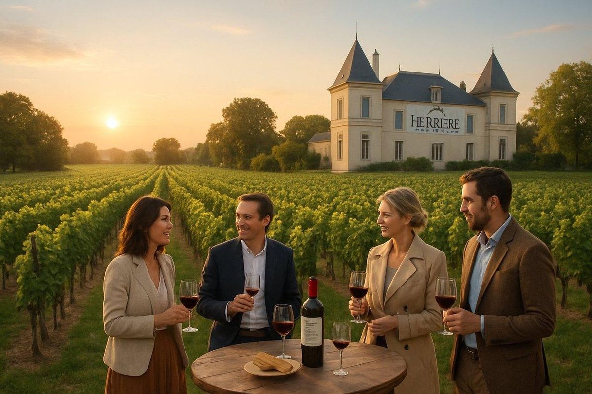 Vue panoramique réaliste du paysage viticole au Château Ferrière à Margaux, dégustation conviviale en plein air.