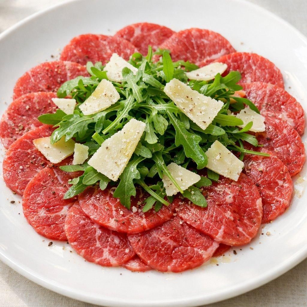 Vue rapprochée d’un carpaccio de bœuf en rosace fine, copeaux de parmesan vieilli et roquette fraîche.
