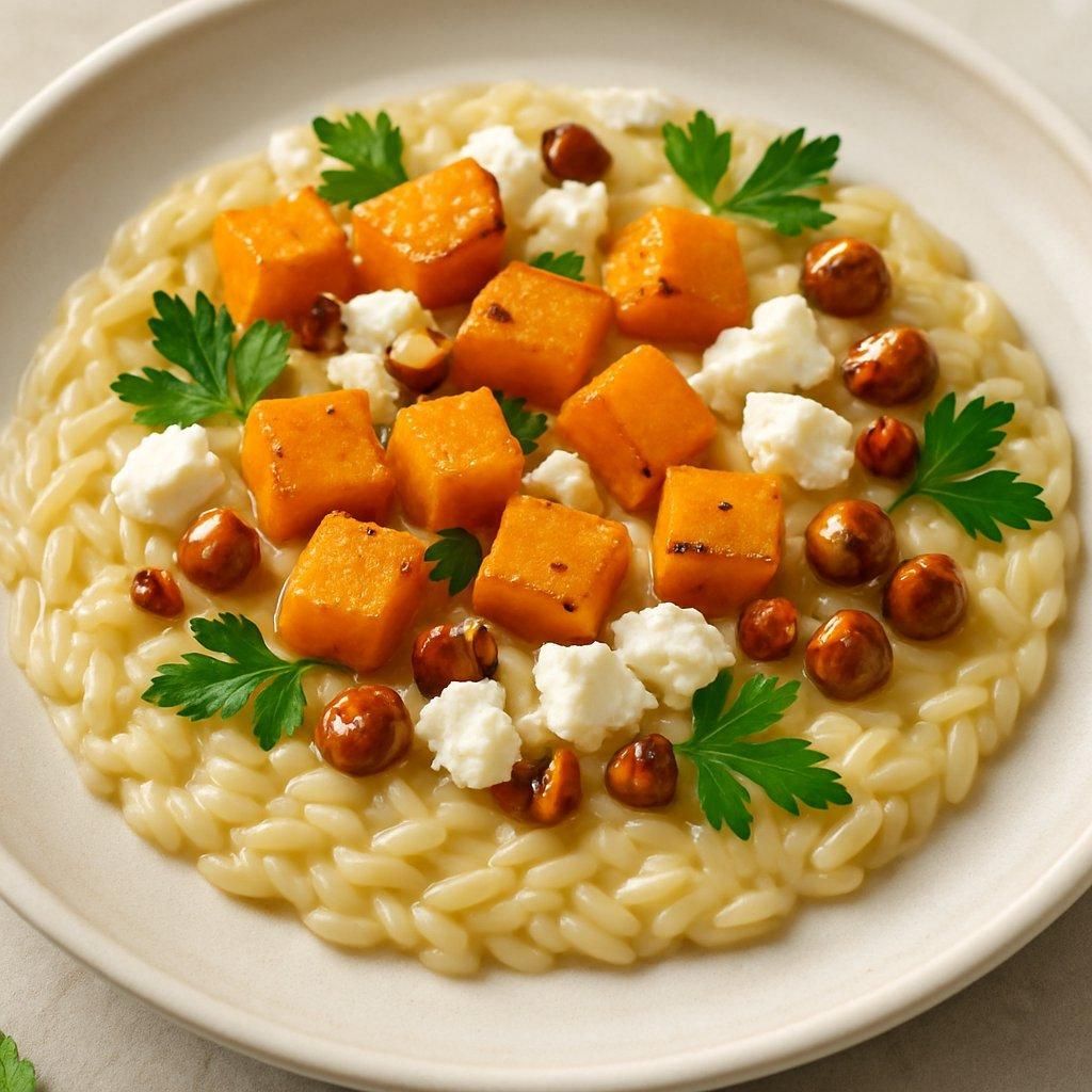 Vue rapprochée d’un risotto crémeux à l’orzo, courge butternut rôtie et copeaux de chèvre frais.