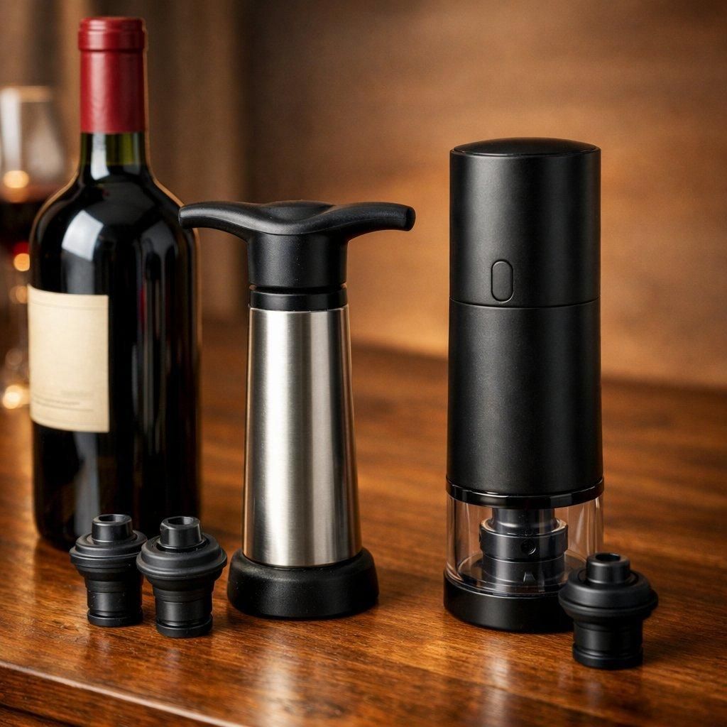 Vue rapprochée d’une bouteille de vin avec pompes à vide manuelle et électrique, pour une conservation optimale.