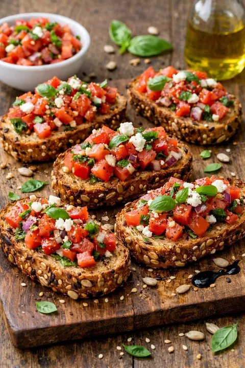 Bruschetta multigrain chèvre frais et réduction de vin doux naturel : recette rapide et originale