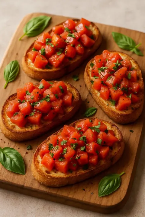 Maîtriser la bruschetta tomates confites, basilic et réduction de vin rouge