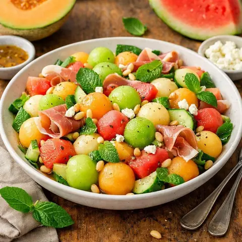 Salade fraîcheur de melon, jambon cru, menthe et gelée au vin blanc pour soirées d'été
