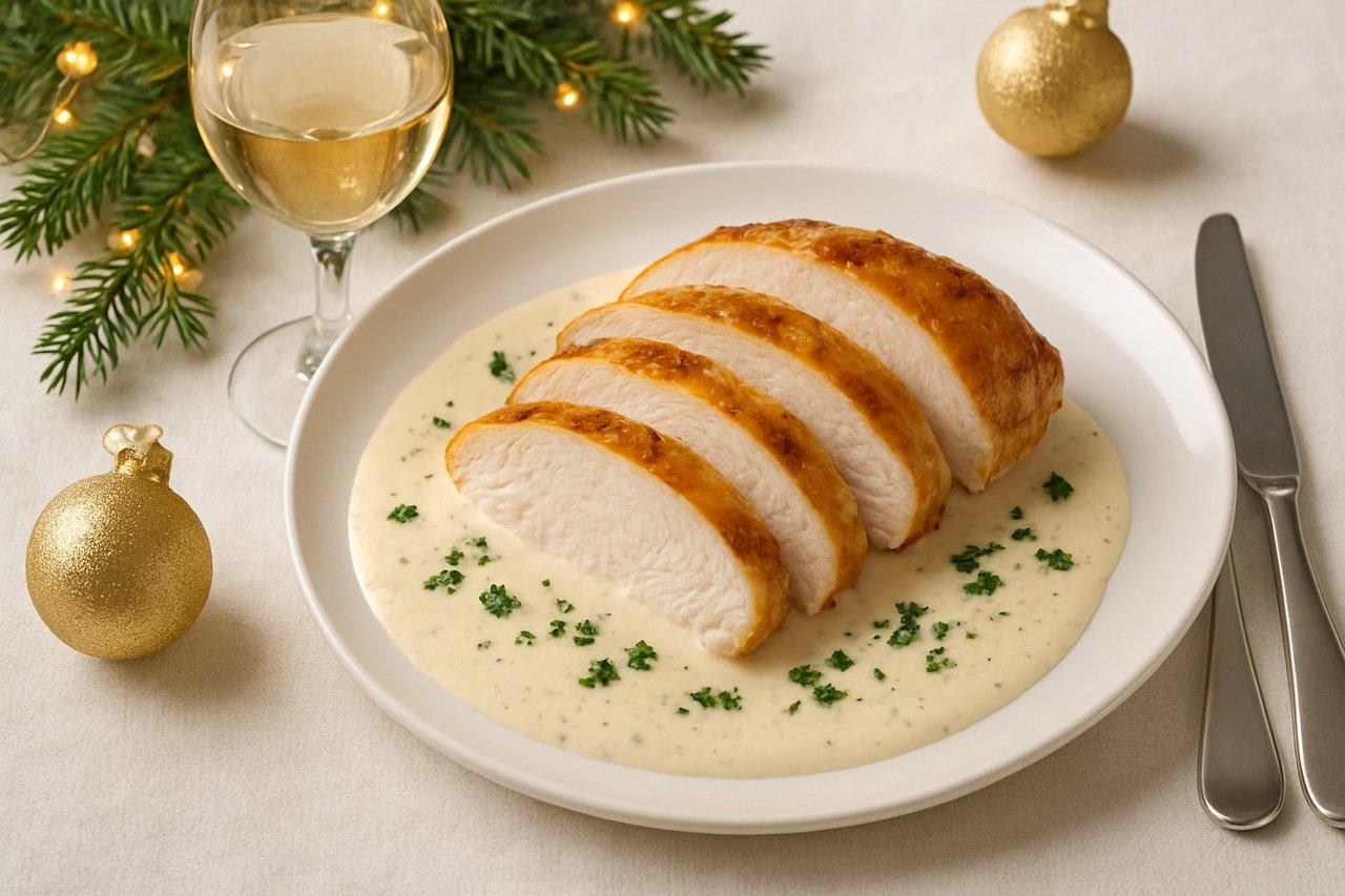 Accord vins rouges et blancs avec volailles en sauce crème lors d'une table festive.