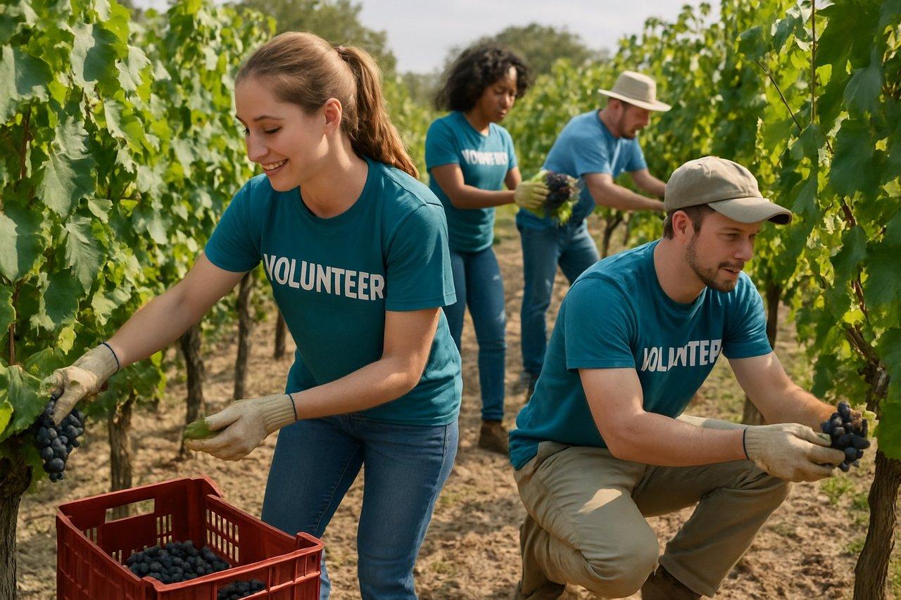 Vignerons et bénévoles en journée de solidarité, participant à un volunteer vineyard work au cœur du vignoble.