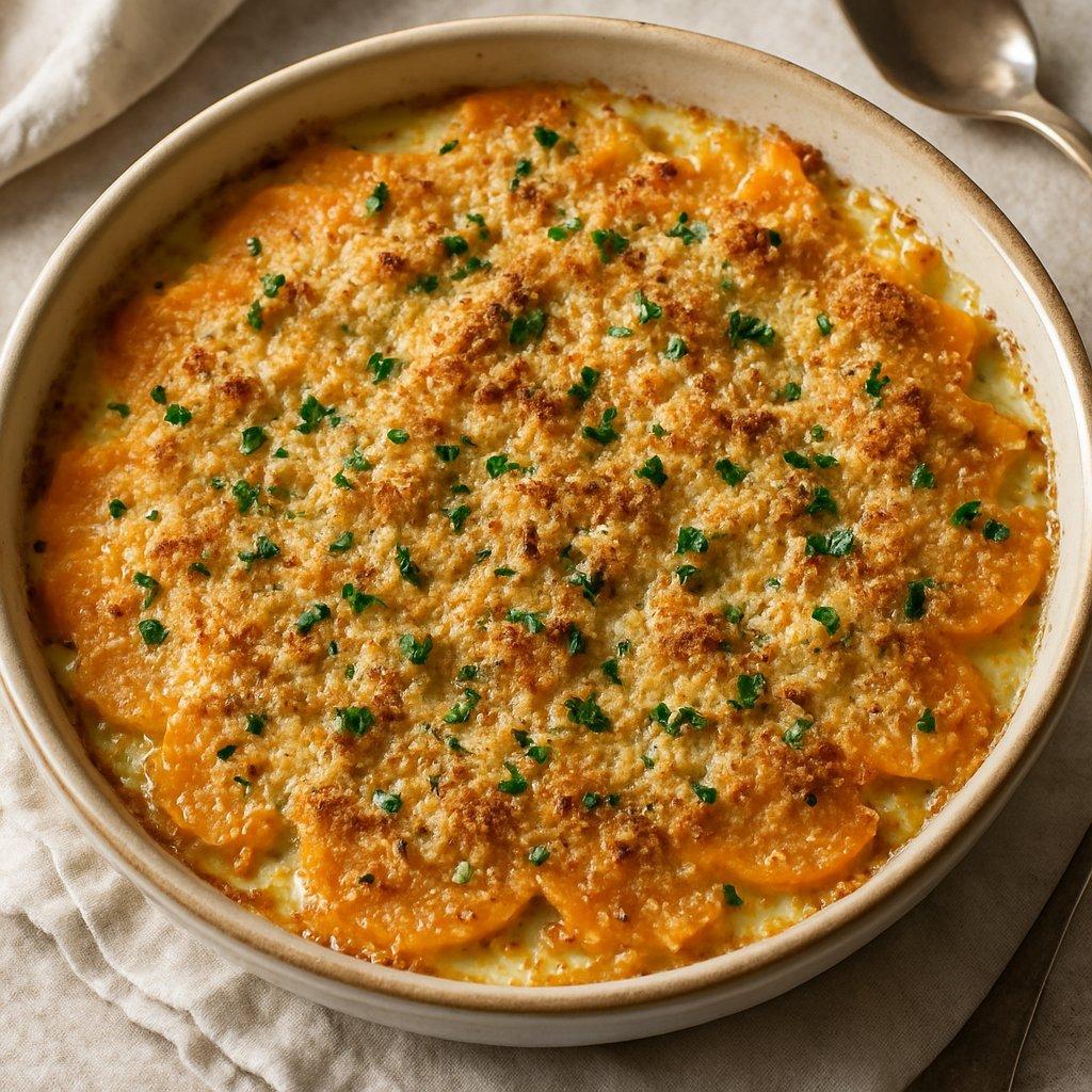 Assiette de butternut squash gratin doré avec croûte de noix torréfiées et courge fondante.