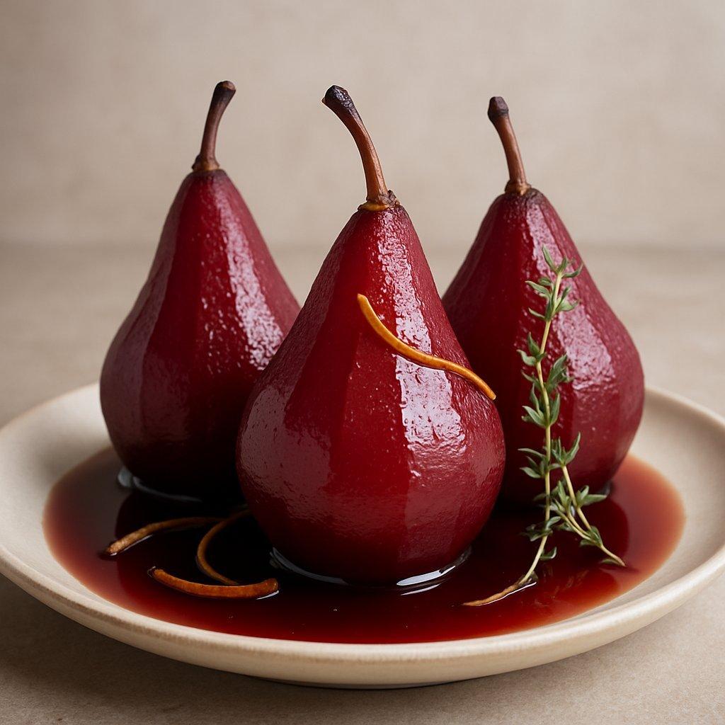 Assiette élégante avec poires pochées au vin rouge épicé, nappées de sirop brillant, zestes d’orange et thym frais.