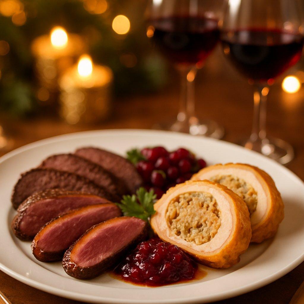 Assiette festive élégante avec chapon farci, magret de canard, rôti de biche et vin rouge.