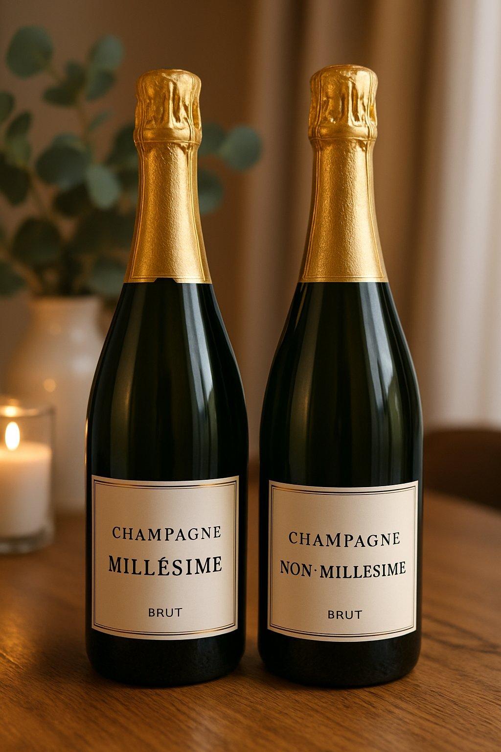 Bouteilles de champagne millésimé et non millésimé côte à côte, dans un décor élégant et convivial.