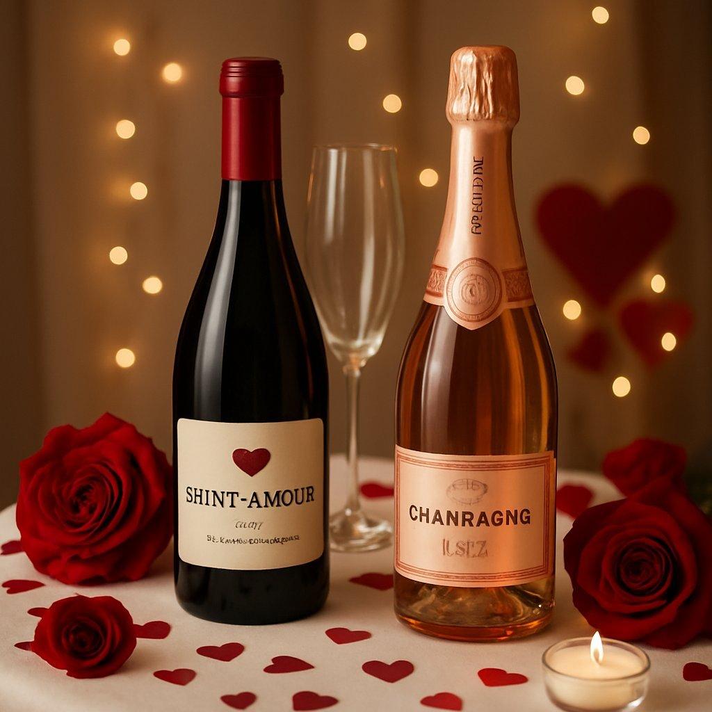 Bouteilles de Saint-Amour et Champagne rosé élégamment disposées pour une Saint-Valentin romantique.