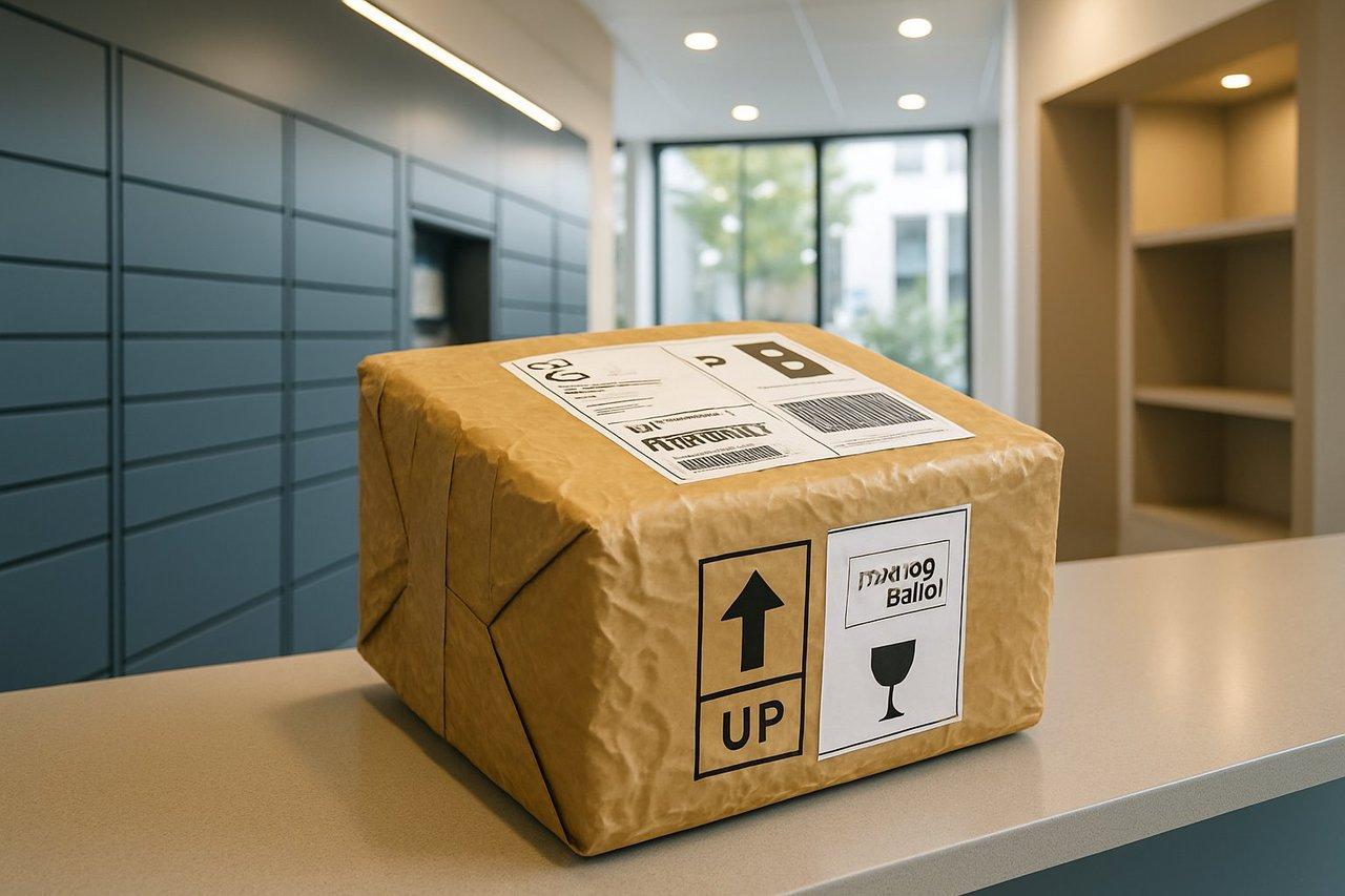 Colis de vin soigneusement emballé avec étiquettes de transport, prêt en point relais sécurisé moderne.