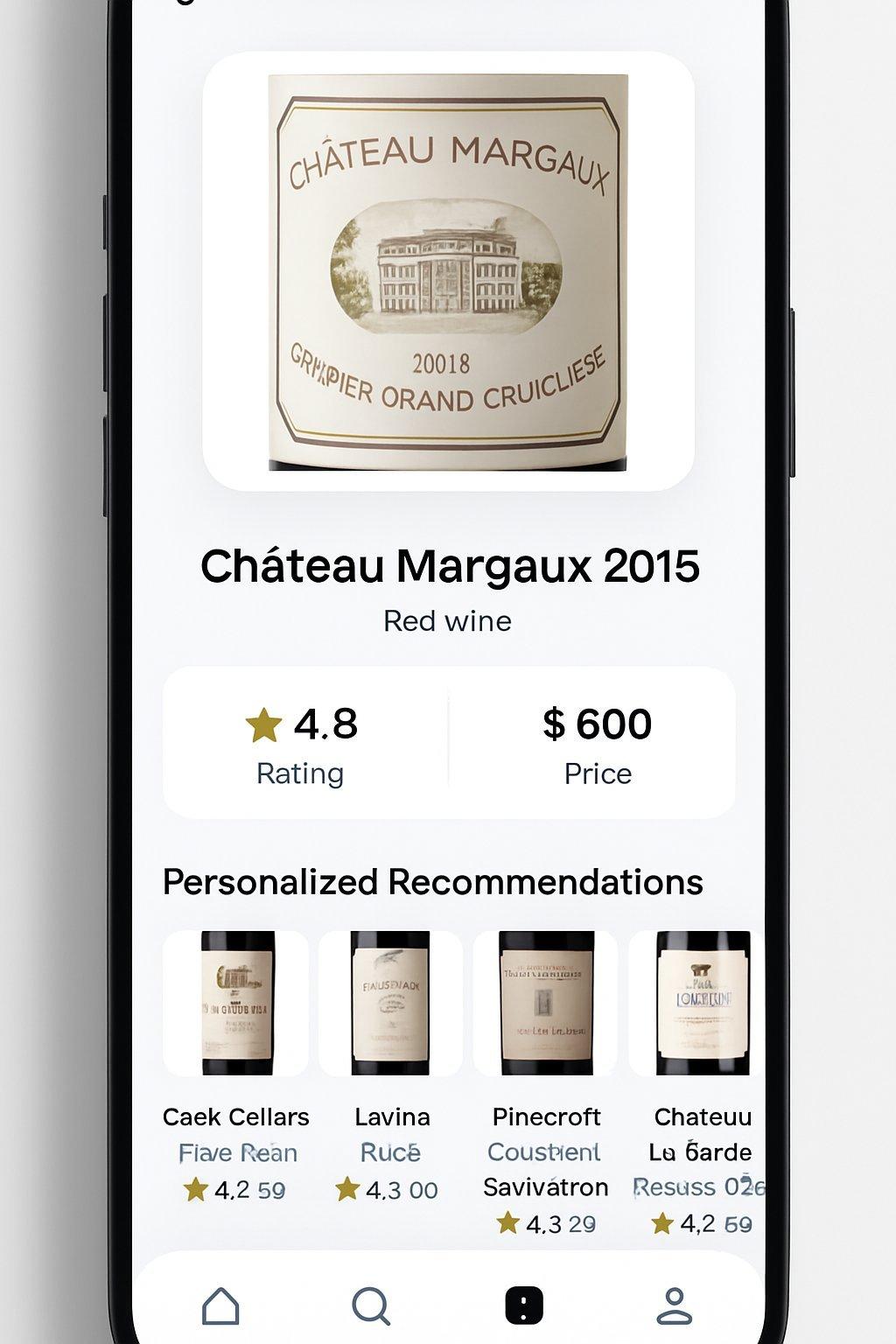 Interface d’application mobile affichant une étiquette de vin scannée avec notes, prix et recommandations personnalisées.